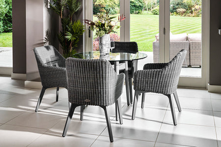 100cm Henley Glass & Aluminium Round Dining Table with 4 Cliveden Dining Armchairs