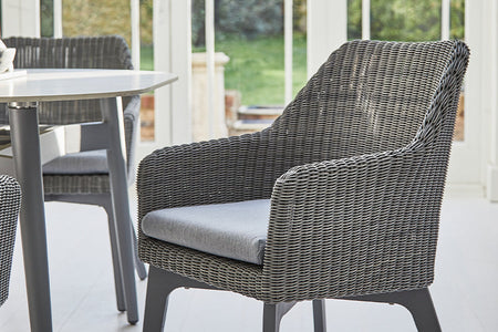 158cm Henley Porcelain Marble & Aluminium Oval Dining Table with 6 Cliveden Dining Armchairs