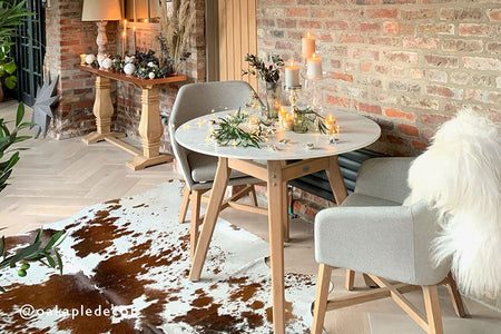 100cm Henley Porcelain Marble & Teak Round Dining Table with 2 Richmond Dining Armchairs